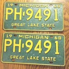 Pair of Vintage Michigan License Plates. 1968 Set Great Lake State PH 9491. picture