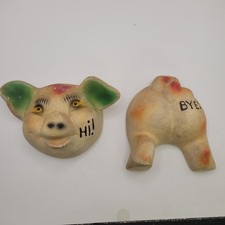 VTG Chalkware Pig Hi Bye Wall Plaque Anthropomorphic Lady Face Kitsch Front Rear picture