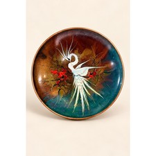 Vintage Enamel on Copper Bowl Heron Crane Bird 8.25