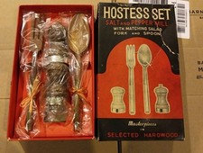 New Old c.1950s Japan Salt & Pepper Mill Hardwood Set w/ Fork Spoon Brand New  picture