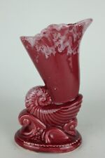 Vintage Ceramic Art Pottery Maroon Red Drip Glaze Cornucopia Vase 9.25