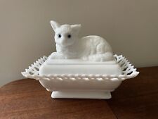 Vintage Westmoreland Milk Glass Cat Basket Dish Lattice Rim HON Gift Blue Eyes picture