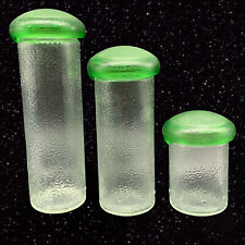 Vintage Mid Century Clear Textured Glass Green Top Mushroom Canister Trio 5-11”T picture
