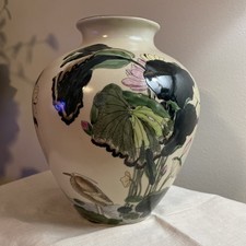 Chinoiserie Pond Crane Toyo Macau Ceramic Vintage Painted Vase - Lamp Base picture