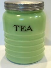 Vintage 1930’s Jeannette Jadeite Beehive Ribbed Uranium Glass Tea Canister picture