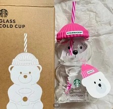Starbucks Korea 2026 Barbie Pink Bearista Glass Cold Cup Beanie Bear 20oz NWT picture