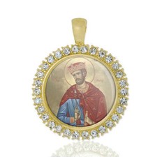 St Edmund Christian Round Medal Gold Tone Pendant with Rhinestones picture