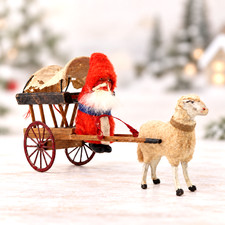 Antique Putz German Santa Wagon Stick Leg Sheep vintage Christmas Clay Face 8