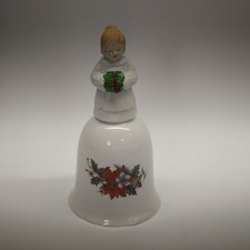 1988 Christmas Dinner Bell Porcelain Girl w/ Present Figurine Holiday Bell 4.5