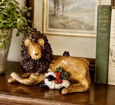 SIGNED Studio Pottery Lion Lamb Christmas Figurine 6.5” Folk Art ‘89 Mane Detail picture