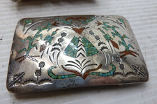 Large Vintage Navajo Sterling Silver & Inlaid Turquoise Belt Buckle Signed picture