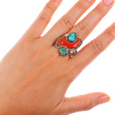sz11 vintage Zuni sterling silver turquoise branch coral size 11 men's ring picture
