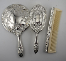 Vintage Ornate Silver Tone Vanity Set Hand Mirror Hair Brush & Comb picture