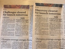 Sept. 28, 1988 2 Seattle P.I. Newspapers Discovery Launch & Challenger error picture