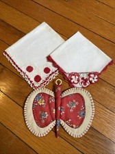 VTG Crocheted Hankies Butterfly Pot Holder Red Floral Edges Red Handmade 1940's picture