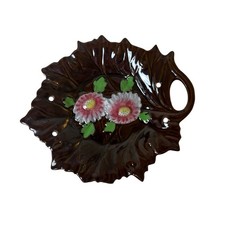 Vtg Leaf Shaped Plate Handled Ceramic Decor Brown Floral Occupied Japan 40s 50s picture
