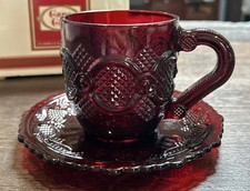 Avon 1876 Cape Cod Ruby Red Glass Coffee Tea Cup Hot Chocolate Mug Saucer Set picture