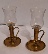 Vtg Pair Brass Chamber Candlesticks Removable Glass Votive Cups Made in India picture