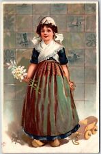 1907 Cute Beautiful Girl Holding A Flower Wearing Traditional Costume Postcard picture