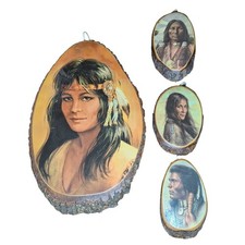 Vintage Native American Wood Slice Wall Plaque Set 4 Pc 17