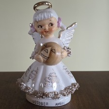 Vintage Lefton October Birthday Angel Figurine Holding Halloween Pumpkin Japan picture