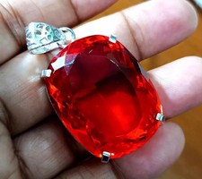 Lab-Created 100 Ct Brazilian Blood Red Topaz 925 Solid Silver Pendant Loose Gems picture