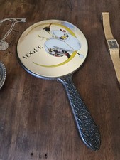 VOGUE Art Deco Lady Hand Mirror Metal Handle 11 in Long 6 in Round Mirror picture