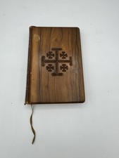 Antique 1920s Red Letter New Testament Bible Olive Wood Covers Jerusalem Cross picture