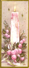 Vintage Christmas Card, PINK CHRISTMAS CANDLE/PINK CHRISTMAS BULBS/GLIITTERED picture