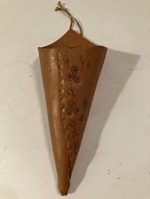 LOVELY ARTISAN SIGNED Vtg. CLAY POTTERY ENGRAVED FLOWER TAPERED WALL POCKET picture