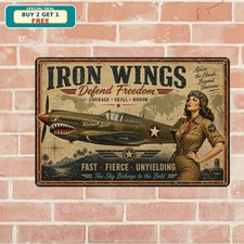 WWII Fighter Plane Warhawk Pinup Girl Hangar Garage Metal Tin Sign picture