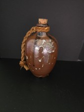 Vintage Japanese Stoneware Sake Bottle Flask Kanji Cork Rope 6” picture