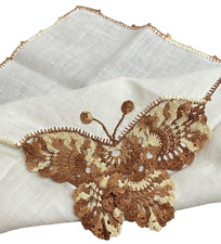 Vintage Mid Century Brown Butterfly Crochet Lace Hankie Handkerchief Embroidery picture