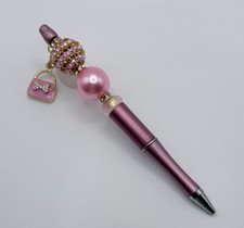 Pink Beaded Pen, With Purse Charm, Blank Ink Twist Pen picture