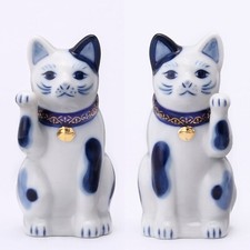Japanese Hand Painted Lucky Cat SETO Maneki Neko Pair 9cm Blue & White Ceramics picture