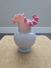 Vintage Bohemian Fireglow Art Glass Vase Pink Lined Top w Light Opaque Greyish picture