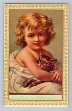 Vintage Christmas Greetings Postcard William H. Child With Cat Merrimack #1980S picture