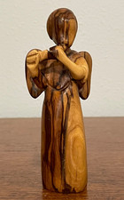 Vintage Holy Land Olive Wood Angel Figurine Playing Flute Hand Carved 5