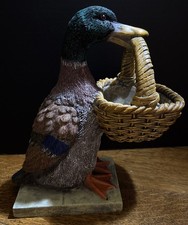 Vintage Resin Duck Mallard Handpainted Bird Figurine With Basket In Beak picture