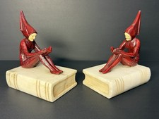 Antique 1930s Art Deco J.B. Hirsch Pixie Girl Reading Bookends Marble Bases Pair picture