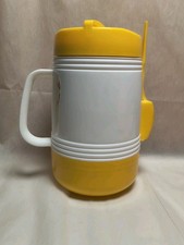 Vintage Alladin Camping Yellow White Large Hot Food Thermos W/Spoon/Bowl Unused picture