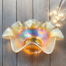 Carnival Glass Iridescent Marigold Bonbon Compote Dish Footed Bowl Glass VTG picture