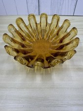 Art Glass Amber 14 Finger Stretch Pulled Edge Candy Nut Trinket Dish 6 Inches picture