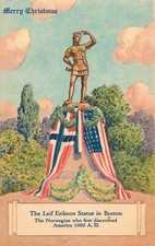 Christmas Postcard Leif Erikson Statue United States and Norwegian Flag picture