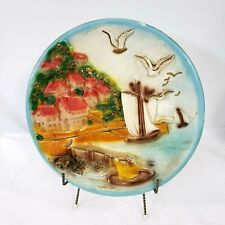 Chalkware Plaster Of Paris 3D Wall Hanging Plate Seaside seagulls houses Vintage picture