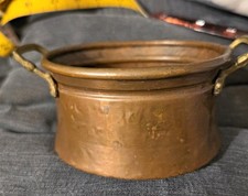 Antique 19thC Copper Cachepot Dovetail Cramp Seam Brass Handles Hand Hammered picture