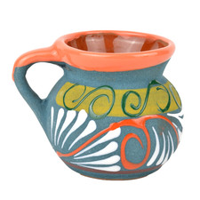 Mexican Clay Mug Jarrito de Barro 3.5” Coffee Cup Blue Teal Hand Painted Folk picture