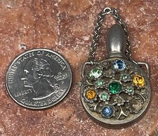 Tiny Antique Perfume Bottle w/Crystals Chain & Dauber for Chatelaine Silver Tone picture