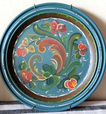 VTG Rosemaling Blue Wood Plate Wall Hang Norway Folk Art Hand Painted Signed 11