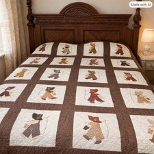 Vintage Sunbonnet Sue Quilt Appliqued Embroidered & Quilted 80 x 74”. Hand made  picture